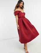 Asos Design Bow Belted Prom Midi Dress In Wine-red