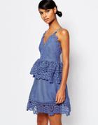Self Portrait Lace Trimmed Mini Dress With Strap Back Detail - Cornflower Blue