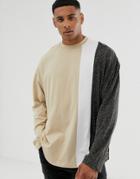 Asos Design Oversized Long Sleeve T-shirt In Linen Mix With Vertical Color Block-beige