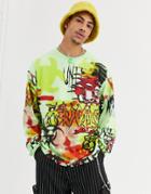 Jaded London Long Sleeve T-shirt In Green With Graffiti Print