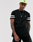 Asos Design T-shirt With Contrast Sleeve Stripes And Logo In Black - Black