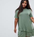 Asos Design Curve Mini T-shirt Dress With Drop Ruffle Hem - Green
