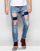 Liquor & Poker Straight Distressed Patch Jeans In Stonewash Blue - Stonewash Blue