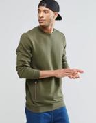 Asos Longline Sweatshirt With Zip Pockets In Khaki - Khaki
