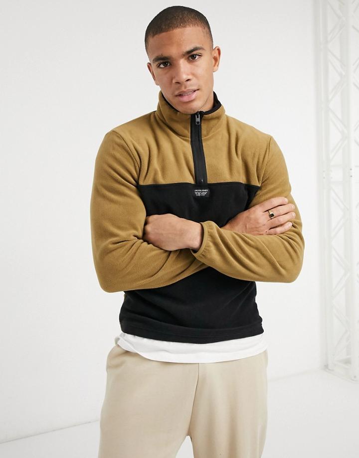 Jack & Jones Core Fleece With Quarter Zip In Tan-brown