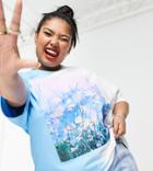 Asos Design Curve Oversized T-shirt In Ombre With Floral Photo Front Print-multi