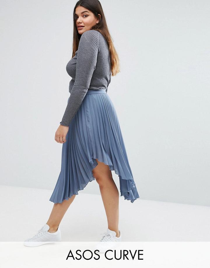 Asos Curve Hanky Hem Pleated Skirt - Blue