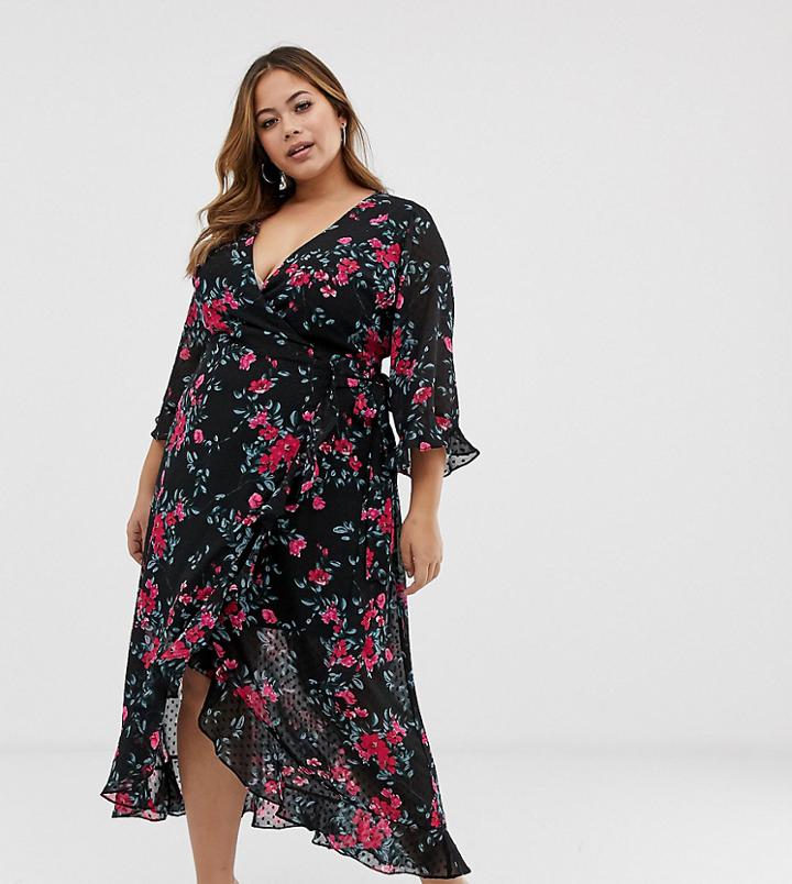 Fashion Union Plus Plunge Front Midi Dress In Dobby Floral - Black