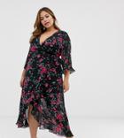 Fashion Union Plus Plunge Front Midi Dress In Dobby Floral - Black