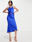 Asos Design Knot Front Satin Midi Dress With Tie Back Detail In Blue