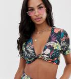 Prettylittlething Short Sleeve Bikini Top With Knot Front In Bright Floral - Multi