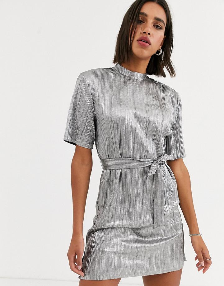 Bershka Tshirt Dress With Tie In Silver-gray