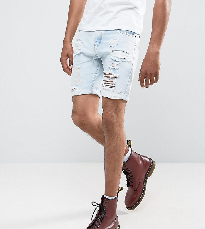Liquor N Poker Abrasions Bleached Blue Denim Shorts - Blue