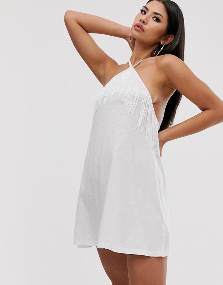 Asos Design Halter Neck Jersey Beach Sundress With Fringing Trim-white