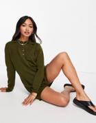 Asos Design Knitted Romper With Collar Detail In Khaki-green