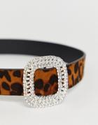 Asos Design Leopard Waist And Hip Belt With Rhinestone And Tort Buckle-brown
