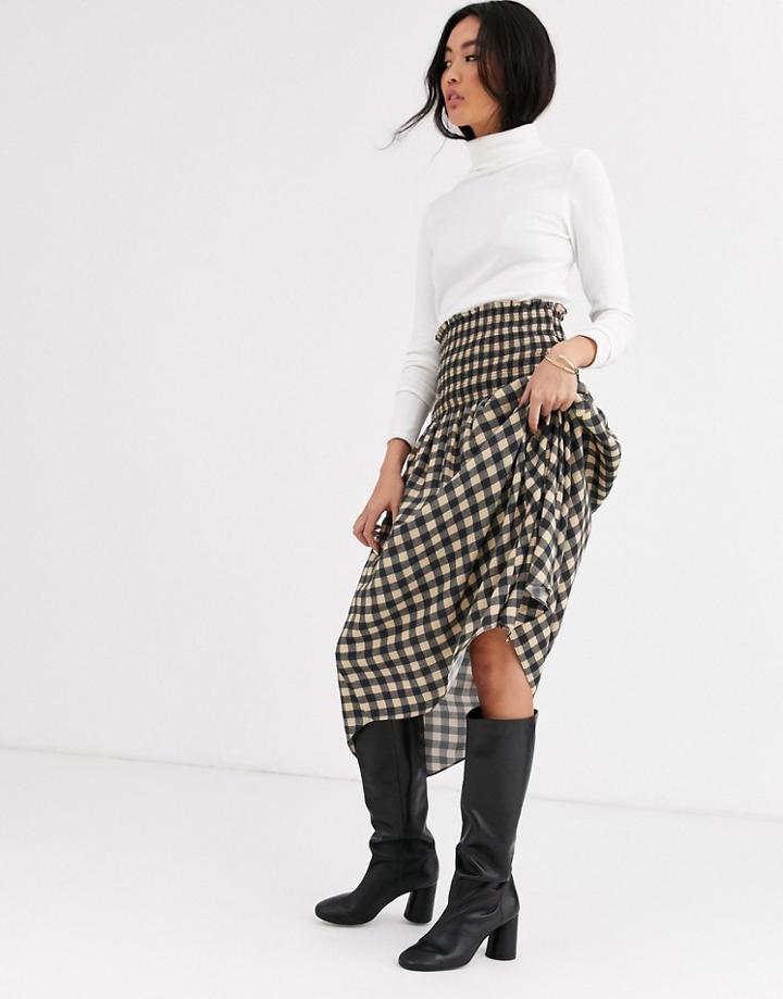 & Other Stories Shirred Waist Midi Skirt In Check Print