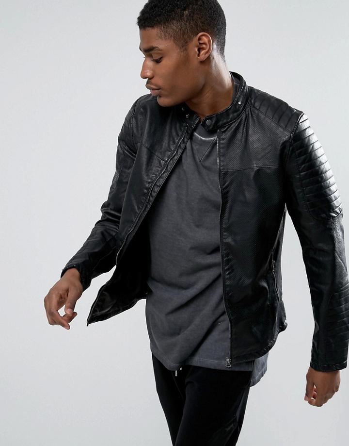 Pull & Bear Faux Leather Biker Jacket With Perforated Sleeves In Black - Black