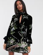 Asos Design Embroidered Velvet Shift Mini Dress With Key Hole Detail-black