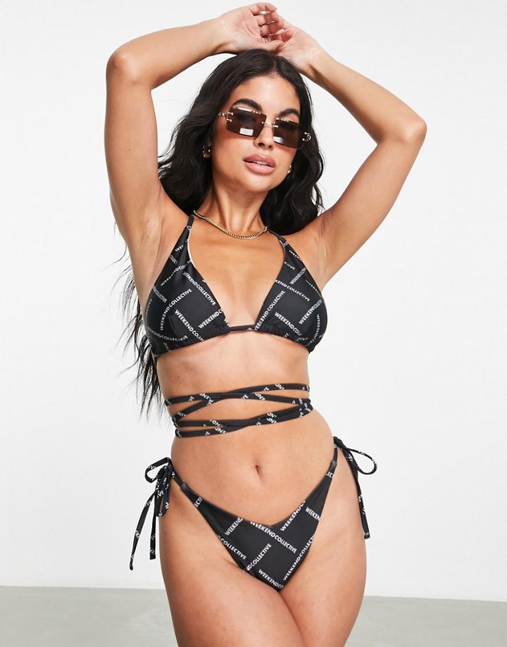 Asos Design Weekend Collective Tie Front Triangle Bikini Top In Mono Print-multi