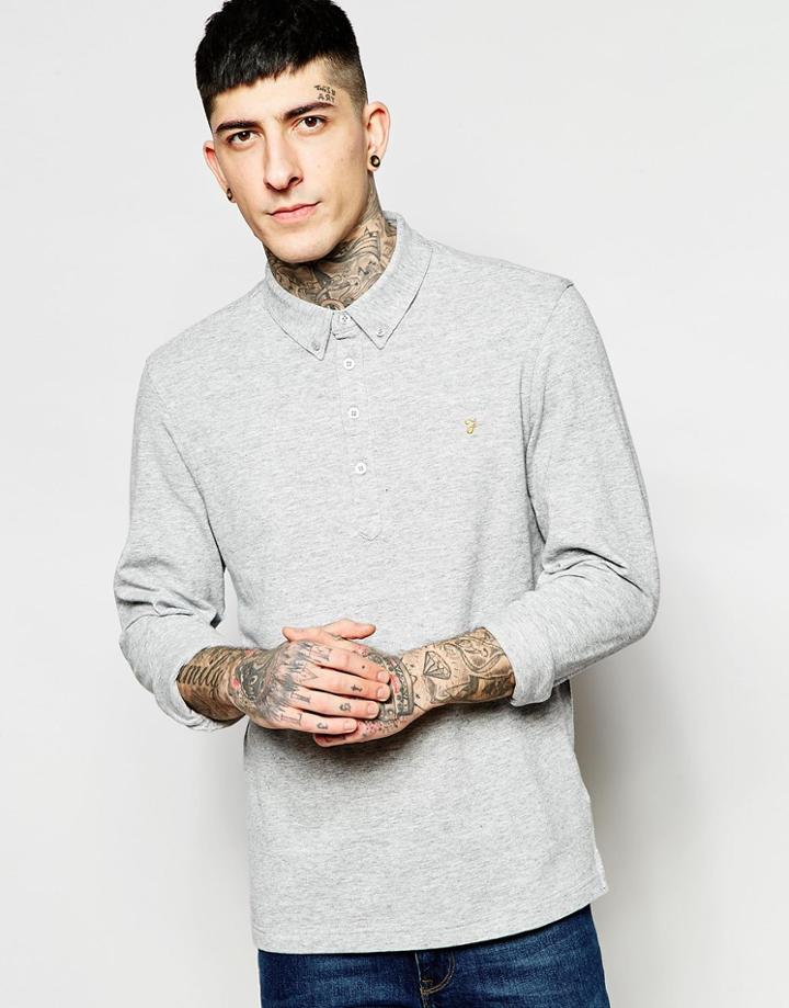 Farah Long Sleeve Polo Shirt In Reg Fit - Gray Marl