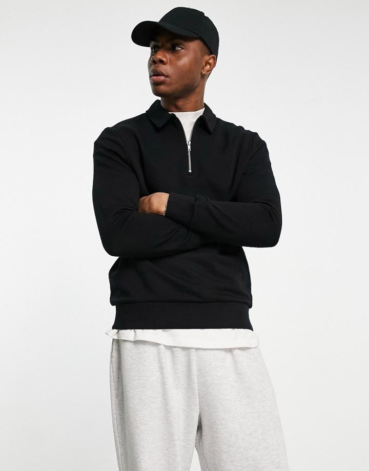 Asos Design Polo Sweatshirt With Half Zip In Black - Part Of A Set