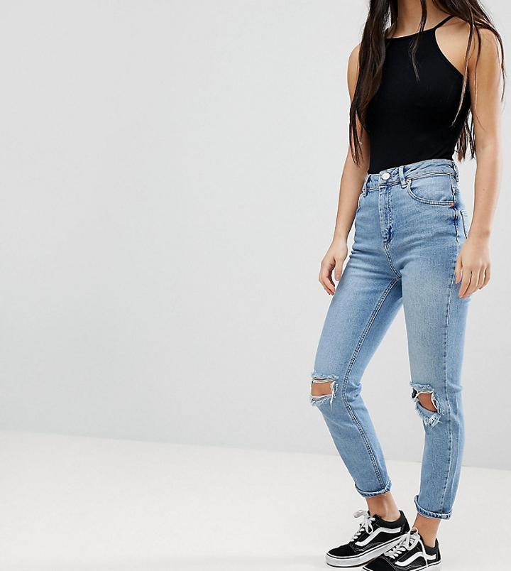 Asos Design Petite Farleigh Slim Mom Jeans In Prince Light Wash With Busted Knees - Blue