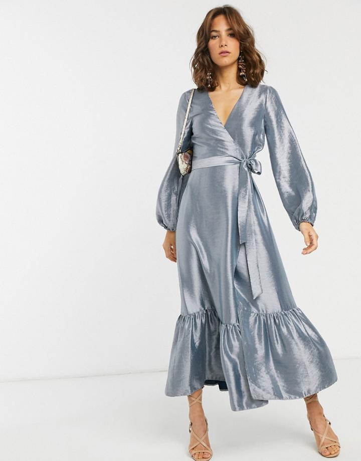 Asos Design Wrap Midi Dress In Metallic Taffeta-gray