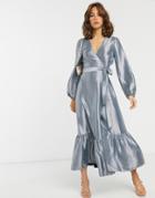 Asos Design Wrap Midi Dress In Metallic Taffeta-gray