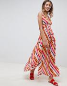 Asos Design Stripe Print Grecian Plunge Maxi Woven Beach Dress-multi