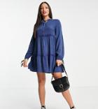 Influence Tall Long Sleeve Tiered Mini Smock Dress In Chambray-blues