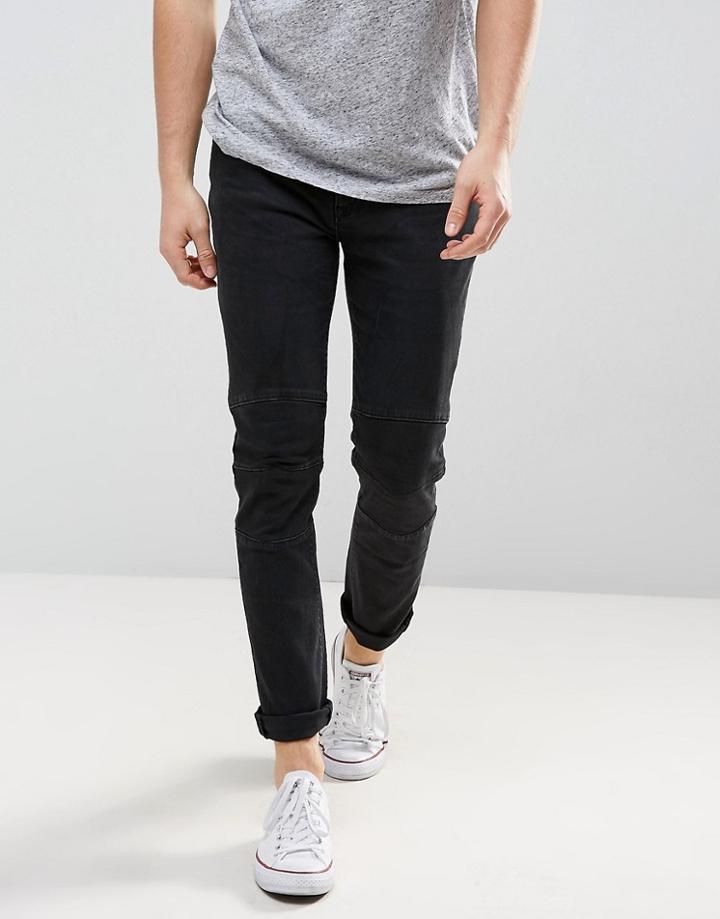 Asos Skinny Jeans In Washed Black Biker - Black