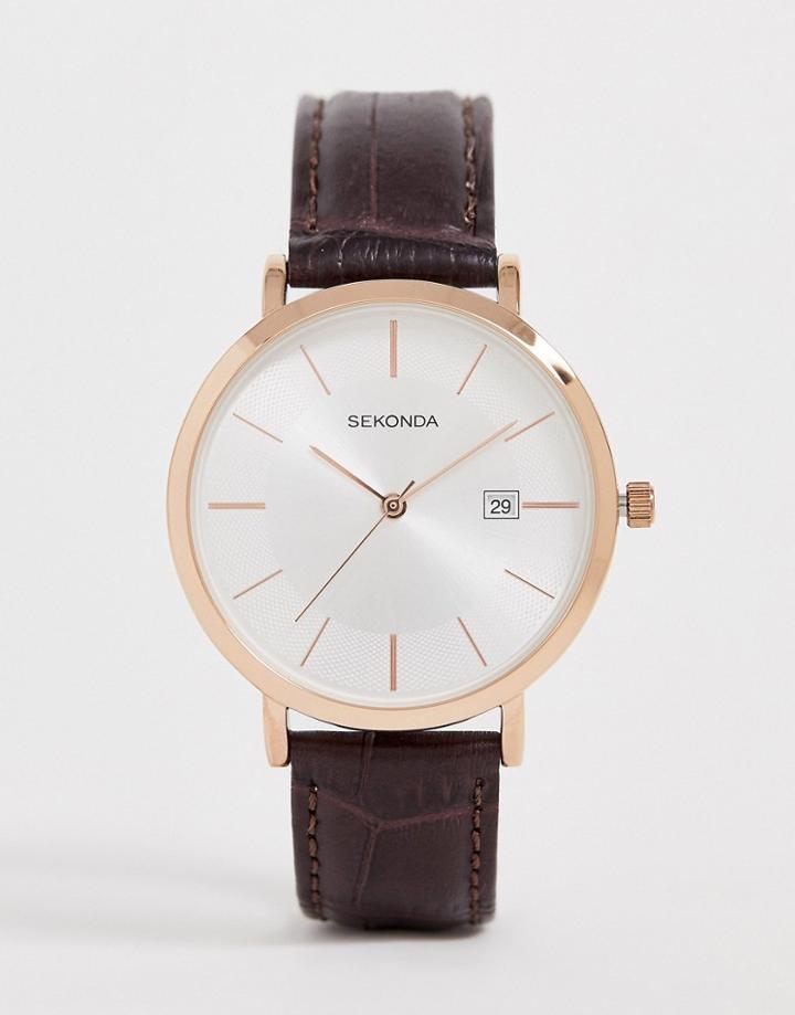 Sekonda Croc Leather Watch In Brown With Silver Dial