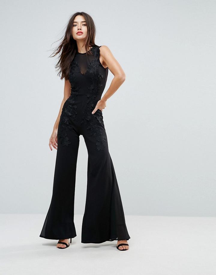Club L Wide Leg Embroidered Jumpsuit - Black