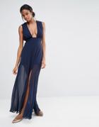 Missguided Deep Plunge Maxi Dress - Navy