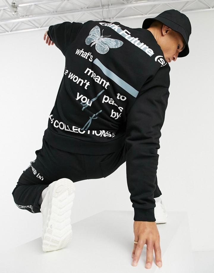 Asos Dark Future Oversized Sweatshirt With Blurred Graphic Wellness Print In Black - Part Of A Set