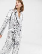 Asos Edition Double Breasted Blazer In Sequin-silver