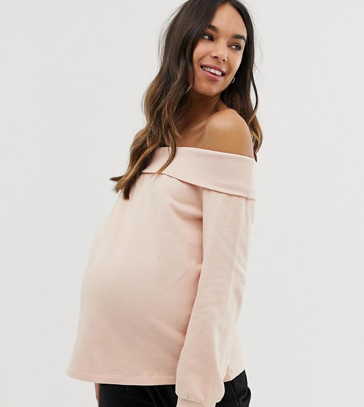 Asos Design Maternity Off Shoulder Sweat With Foldover In Soft Pink - Pink