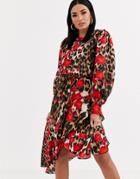 Forever U Satin Midi Wrap Dress With Ruffle Detail In Floral Animal Print-multi