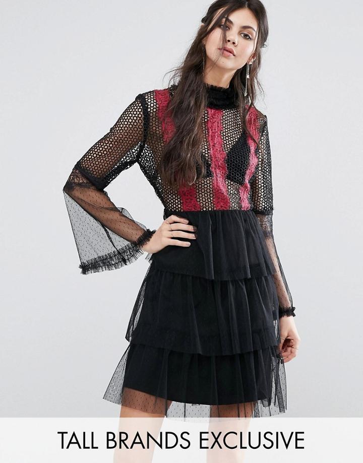 White Cove Tall Contrast Lace Panel Mini Skater Dress With Fluted Slee