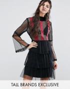 White Cove Tall Contrast Lace Panel Mini Skater Dress With Fluted Slee