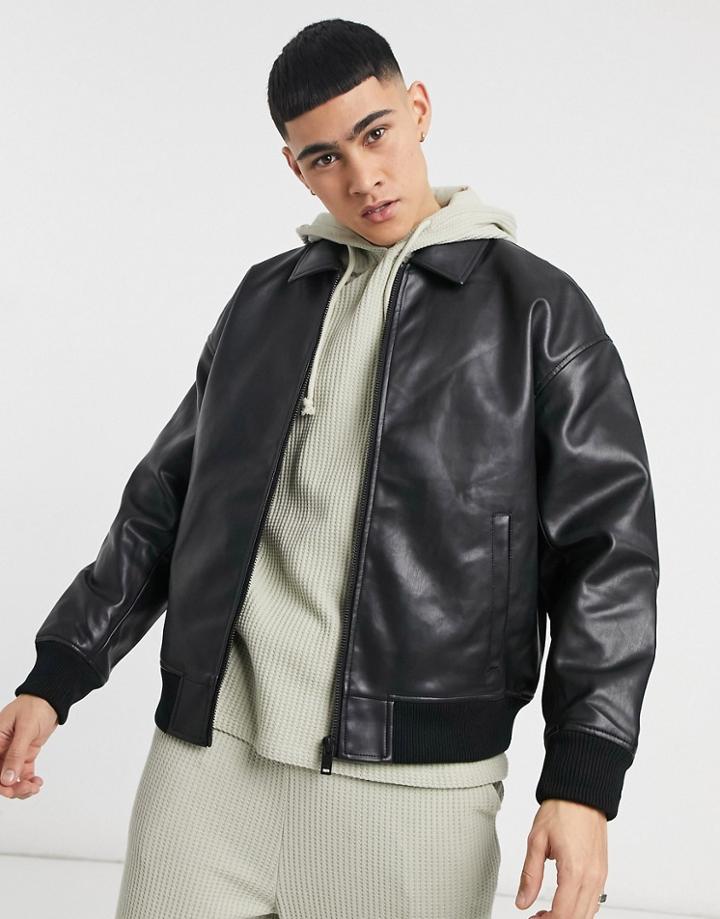 Bershka Oversize Faux Leather Bomber In Black