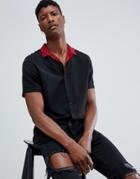 Asos Design Regular Fit Revere Leopard Print Collar Shirt In Black - Black