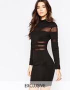 Naanaa Stripe Mesh Insert Mini Body-conscious Dress - Black