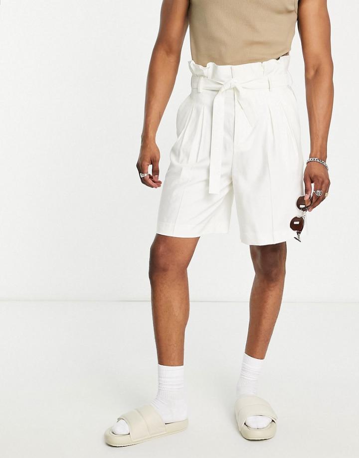 Asos Design Smart Wide Leg Shorts With Side Tie Belt In Ecru-white