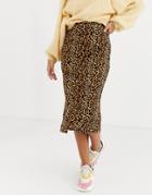 Daisy Street Button Front Midi Skirt In Leopard Print-brown
