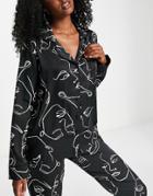 Bluebella Leon Satin Revere Top And Bottom Set In Mono Face Print-black