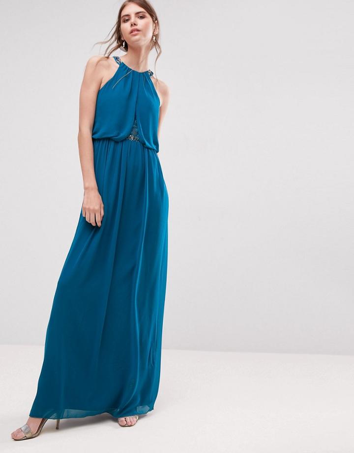 Little Mistress Turquoise Chiffon Lace Insert Maxi Dress - Green