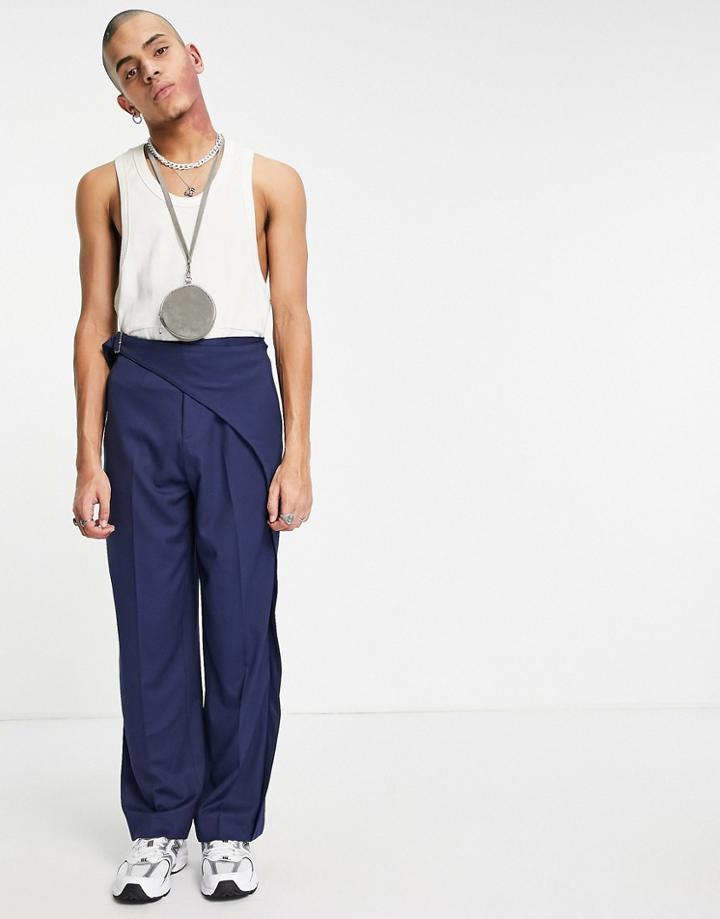 Asos Design Wide Leg Smart Pants With Asymmetric Pleat In Navy
