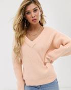 Asos Design Chunky Off Shoulder Sweater With V Neck-pink